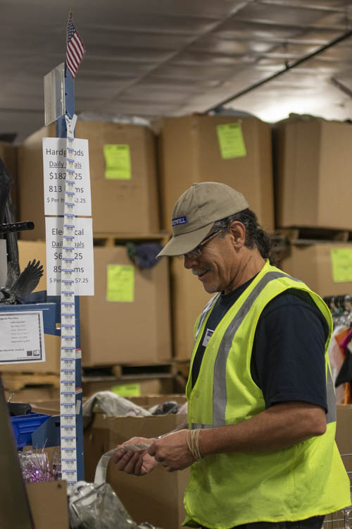 William Allen takes inventory at a Goodwill warehouse in Great Falls, Montana. Allen began working there three days after he was released from prison. PHOTO BY GABBY FRIEDLANDER | STAFF PHOTOGRAPHER