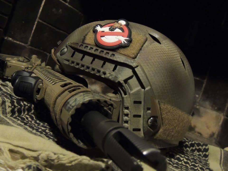 Brandon shot gear photos and shared them on the Marines of Fallujah Facebook page. Ashley owns the same Osama-Busters patch featured on his helmet. Trogdor, one of Brandon’s custom-made weapons, rests next to it.