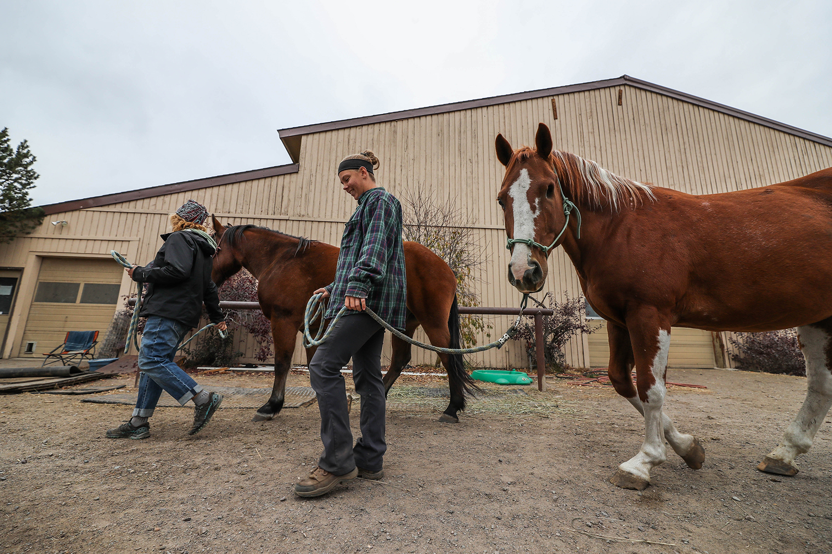 Volunteer Kelly Lorton (right) and her fellow volunteer bring in lesson horses from the pasture for two evening lessons.